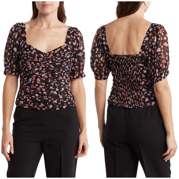 Karl Lagerfeld Smocked Crop Top Flower Print in Black Combo - Picture 4 of 13